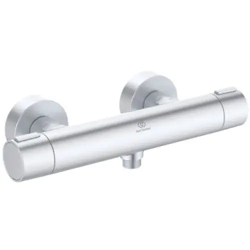 Moderne Chrom-Brausearmatur mit zwei runden Steuerknöpfen, ideal für Badezimmerinstallationen.
